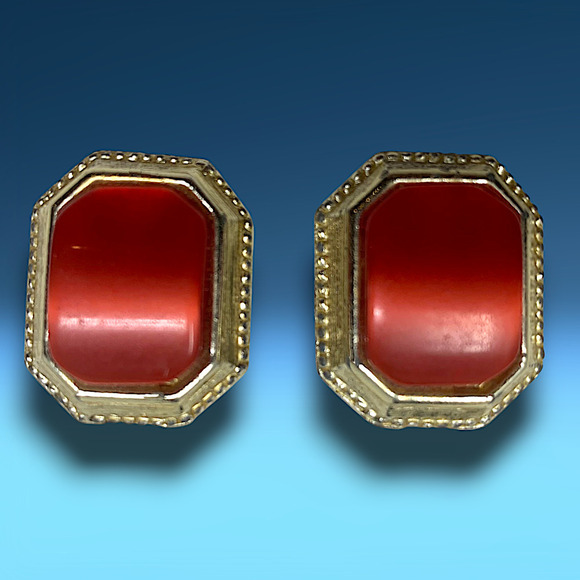 Vintage 1980's Acrylic Framed Hexagon Earrings Red Orange Clip On Runway Couture - Picture 1 of 5